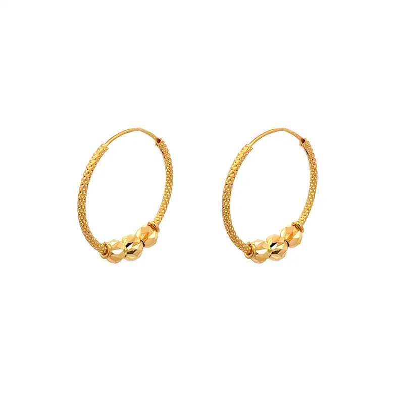 Elegant Three-Bead Gold Hoops - Diameter 25 mm